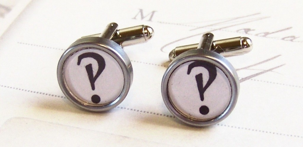 Interrobang cufflinks, by webbysue on Etsy