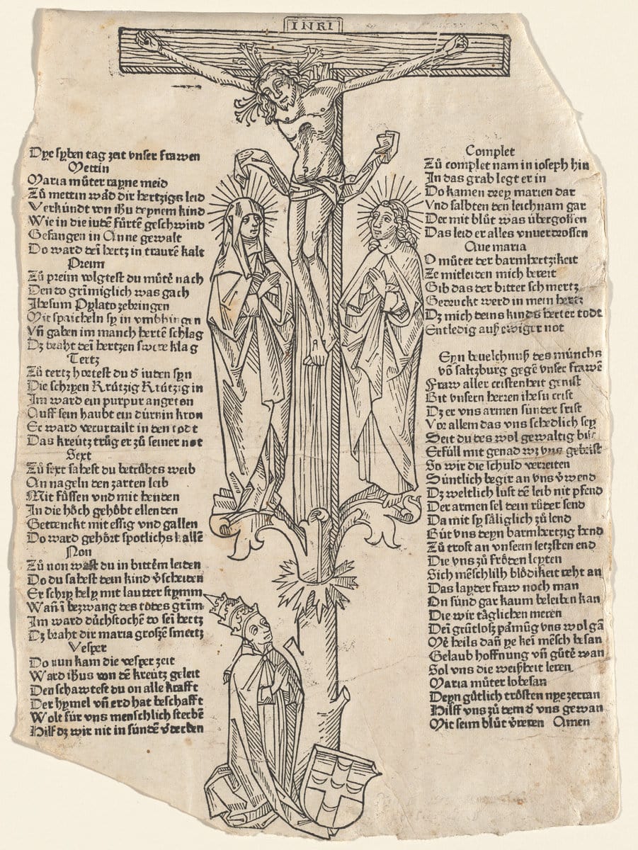 Christ on the cross - German 15th century woodcut